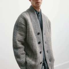 OEM ODM Herringbone Knit Cardigan with Shawl Collar and Button Front – Classic Men's Sweater