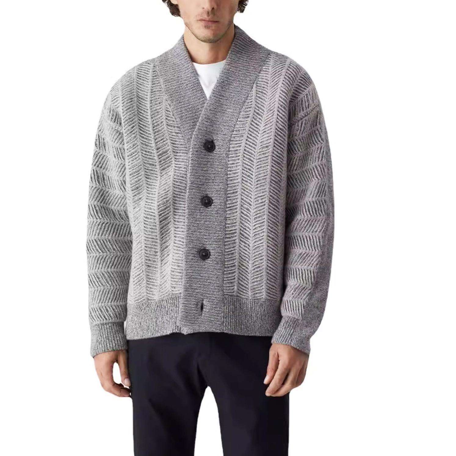 OEM ODM Herringbone Knit Cardigan with Shawl Collar and Button Front – Classic Men's Sweater