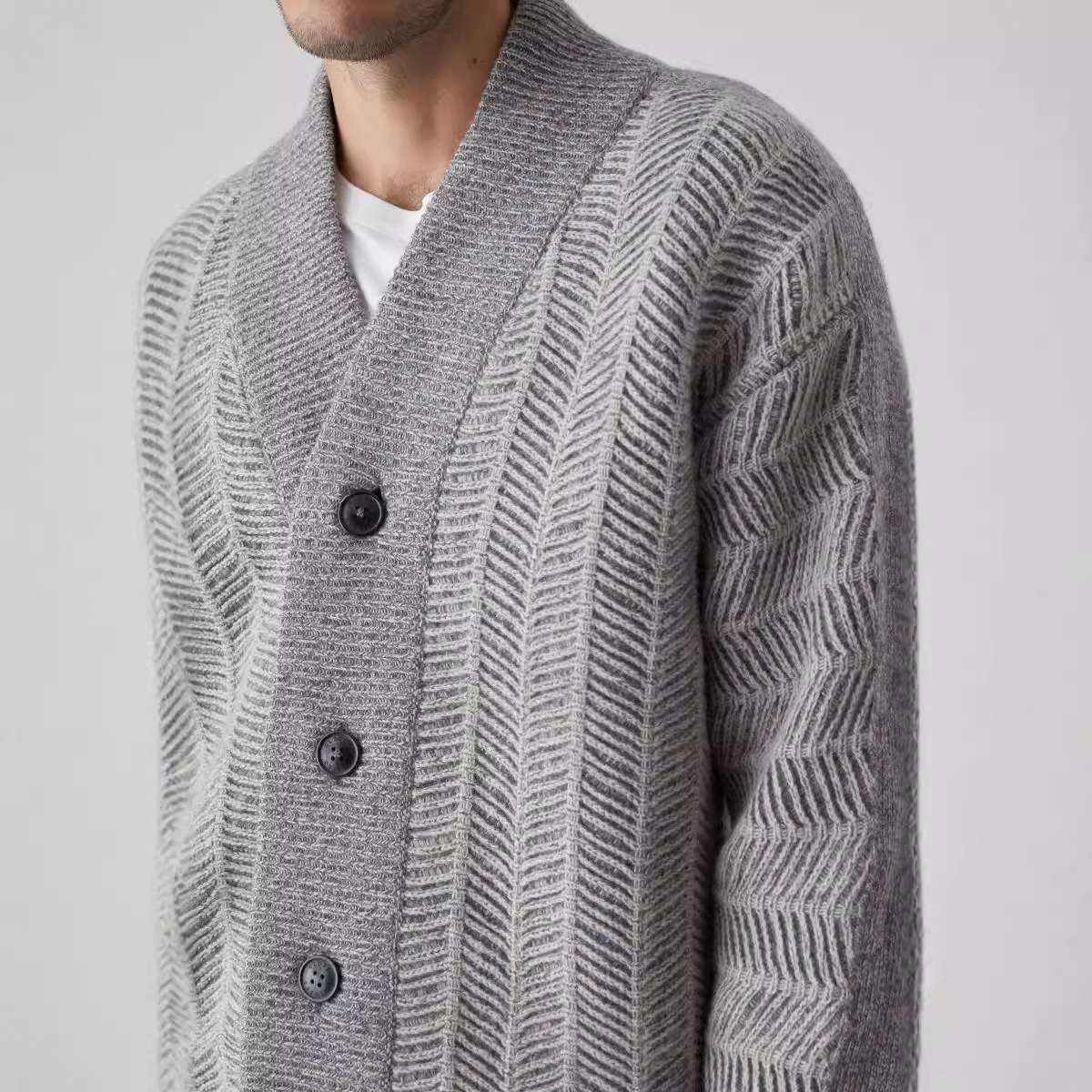 OEM ODM Herringbone Knit Cardigan with Shawl Collar and Button Front – Classic Men's Sweater