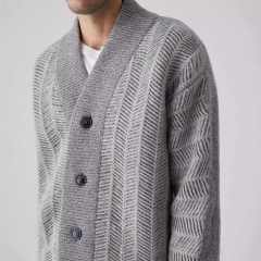 OEM ODM Herringbone Knit Cardigan with Shawl Collar and Button Front – Classic Men's Sweater
