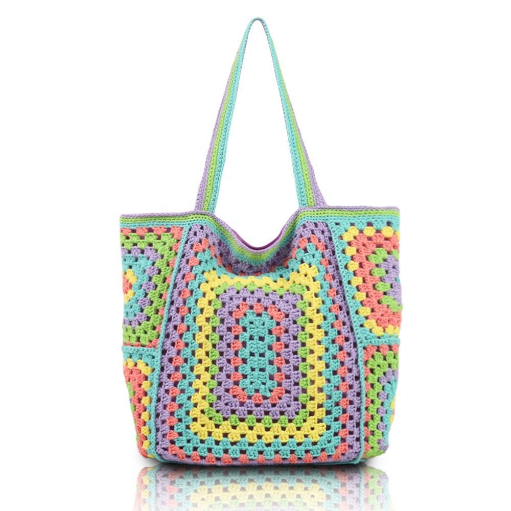 Made-to-order Colorful Crocheted Granny Square Tote Bag – Multi-Color Handmade Beach Bag
