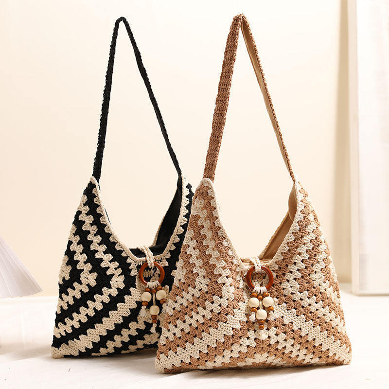 Made-to-order Black and White Crocheted Tote Bag with Wooden Ring and Bead Detail – Handmade Boho Beach Bag