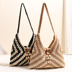 Made-to-order Black and White Crocheted Tote Bag with Wooden Ring and Bead Detail – Handmade Boho Beach Bag
