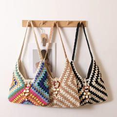 Made-to-order Black and White Crocheted Tote Bag with Wooden Ring and Bead Detail – Handmade Boho Beach Bag