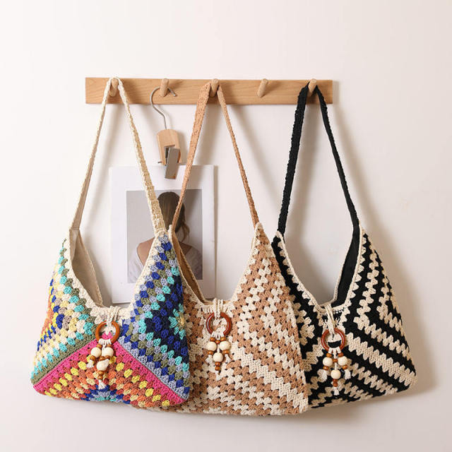 Made-to-order Black and White Crocheted Tote Bag with Wooden Ring and Bead Detail – Handmade Boho Beach Bag