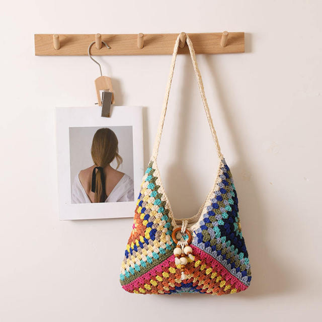 Made-to-order Black and White Crocheted Tote Bag with Wooden Ring and Bead Detail – Handmade Boho Beach Bag