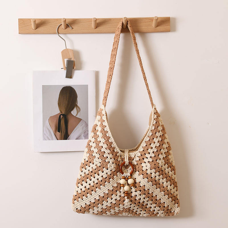 Made-to-order Black and White Crocheted Tote Bag with Wooden Ring and Bead Detail – Handmade Boho Beach Bag