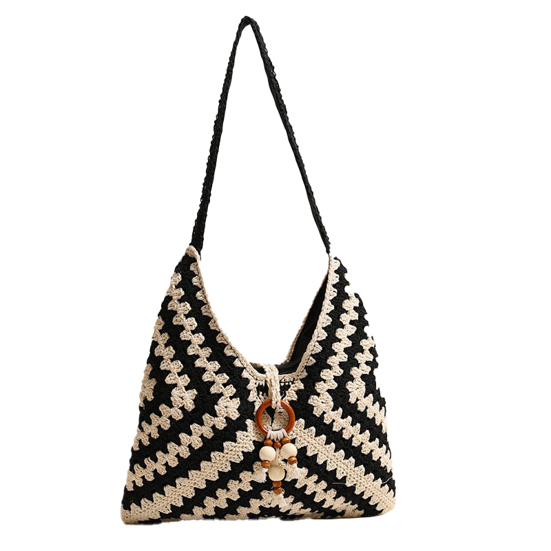 Made-to-order Black and White Crocheted Tote Bag with Wooden Ring and Bead Detail – Handmade Boho Beach Bag
