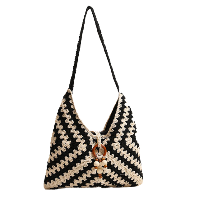 Made-to-order Black and White Crocheted Tote Bag with Wooden Ring and Bead Detail – Handmade Boho Beach Bag