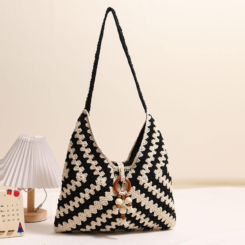 Made-to-order Black and White Crocheted Tote Bag with Wooden Ring and Bead Detail – Handmade Boho Beach Bag