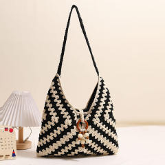 Made-to-order Black and White Crocheted Tote Bag with Wooden Ring and Bead Detail – Handmade Boho Beach Bag