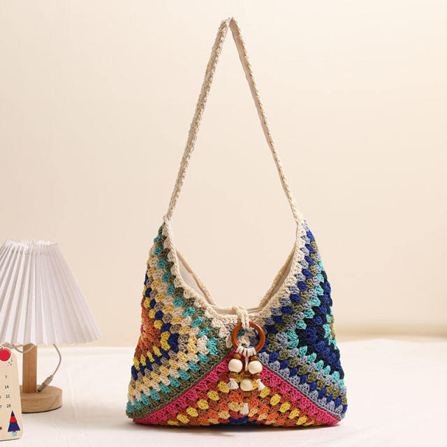 Made-to-order Black and White Crocheted Tote Bag with Wooden Ring and Bead Detail – Handmade Boho Beach Bag