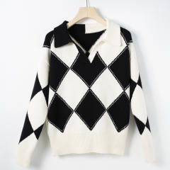 Wholesale Black and White Argyle Pattern Sweater with Polo Collar – Chic Knit Pullover