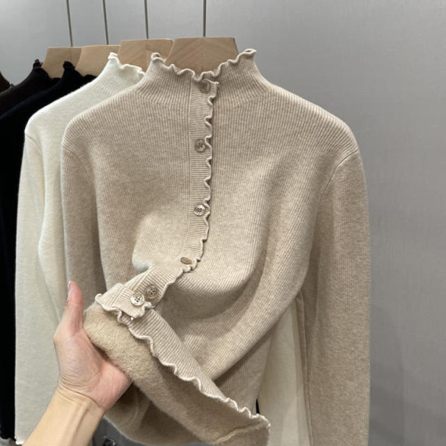 Personalized Ribbed Turtleneck Sweater with Button Front and Ruffle Details – Chic Casual Knit Top