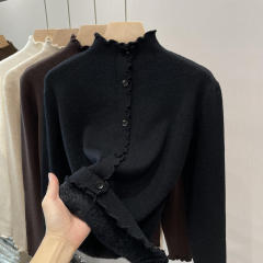 Personalized Ribbed Turtleneck Sweater with Button Front and Ruffle Details – Chic Casual Knit Top