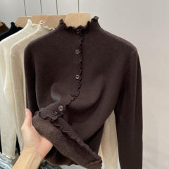 Personalized Ribbed Turtleneck Sweater with Button Front and Ruffle Details – Chic Casual Knit Top