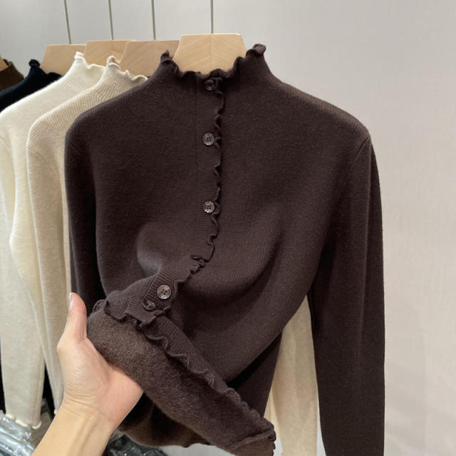 Personalized Ribbed Turtleneck Sweater with Button Front and Ruffle Details – Chic Casual Knit Top