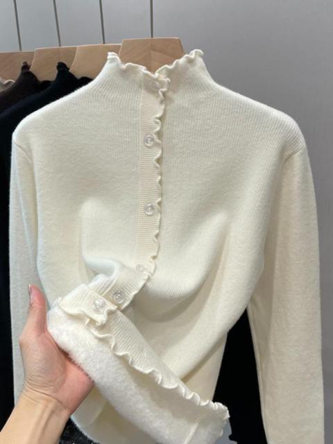 Personalized Ribbed Turtleneck Sweater with Button Front and Ruffle Details – Chic Casual Knit Top