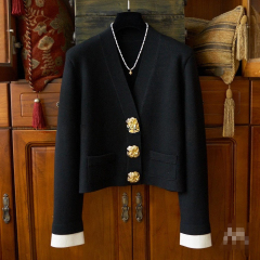Factory Direct Black Blazer with Gold Flower Buttons – Elegant Women's Cropped Jacket