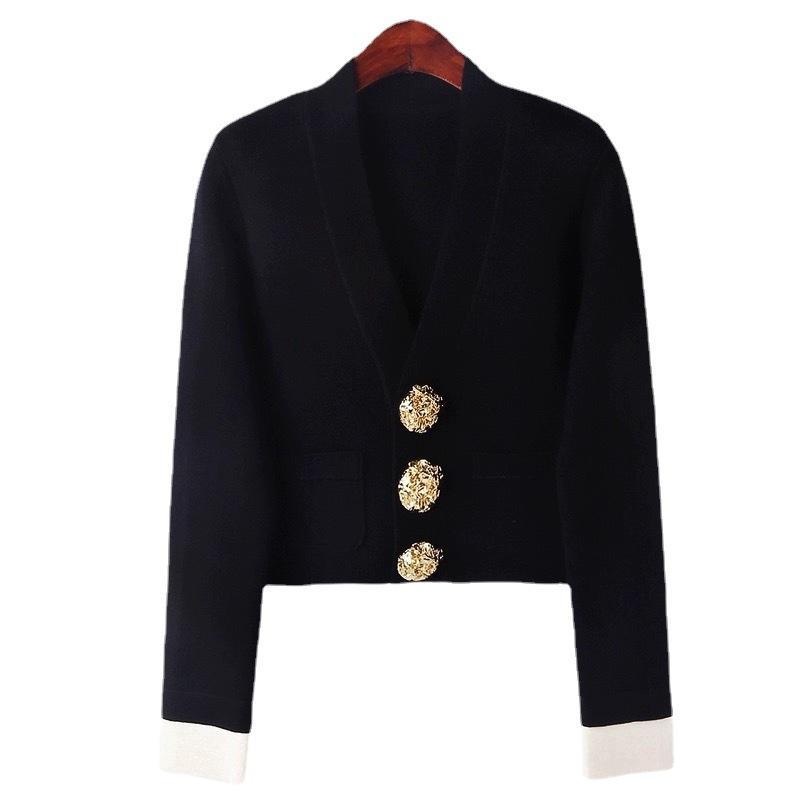 Factory Direct Black Blazer with Gold Flower Buttons – Elegant Women's Cropped Jacket