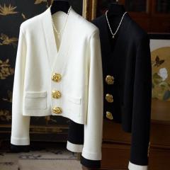 Factory Direct Black Blazer with Gold Flower Buttons – Elegant Women's Cropped Jacket