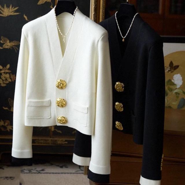 Factory Direct Black Blazer with Gold Flower Buttons – Elegant Women's Cropped Jacket
