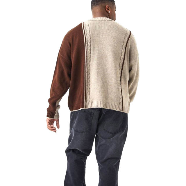 Wholesale Men's Color Block Cable Knit Sweater - Brown & Beige