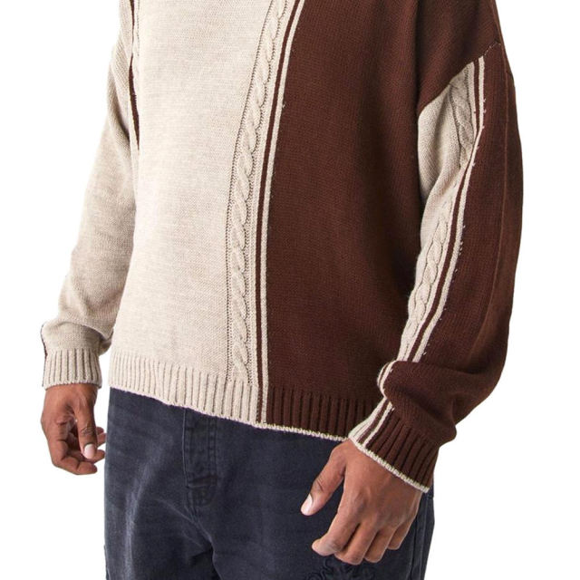 Wholesale Men's Color Block Cable Knit Sweater - Brown & Beige