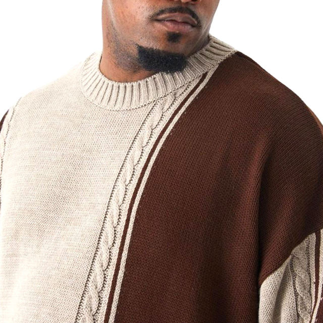 Wholesale Men's Color Block Cable Knit Sweater - Brown & Beige