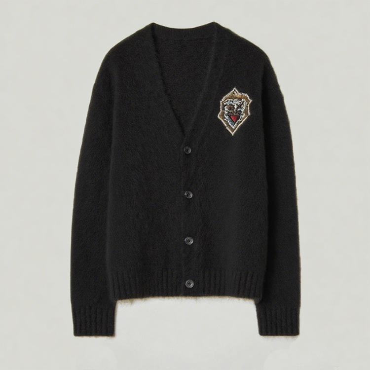 Customized Men's Embroidered Lion Patch Cardigan - Olive Green