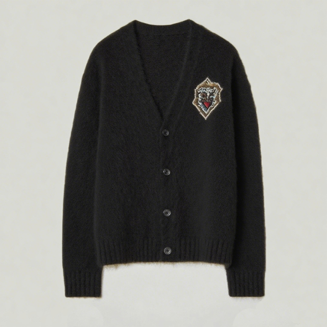 Customized Men's Embroidered Lion Patch Cardigan - Olive Green