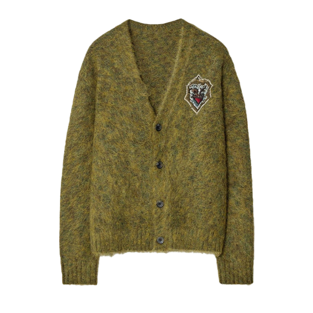 Customized Men's Embroidered Lion Patch Cardigan - Olive Green