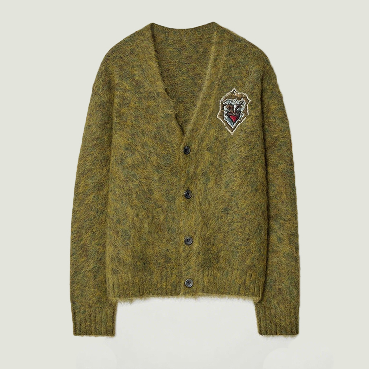 Customized Men's Embroidered Lion Patch Cardigan - Olive Green