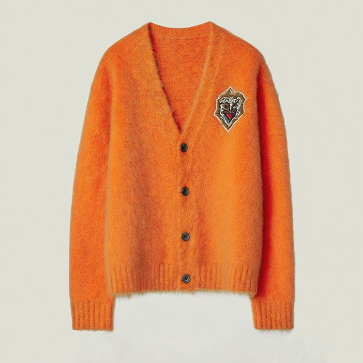 Customized Men's Embroidered Lion Patch Cardigan - Olive Green
