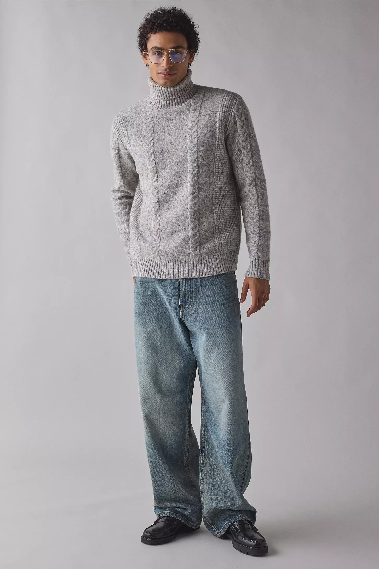 Factory Direct Men’s Grey Cable Knit Turtleneck Sweater