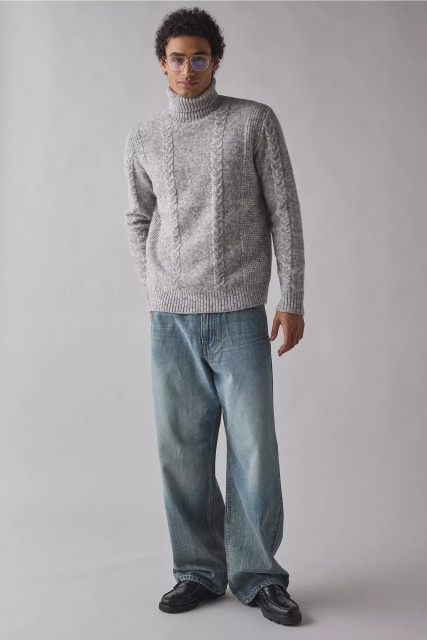 Factory Direct Men’s Grey Cable Knit Turtleneck Sweater