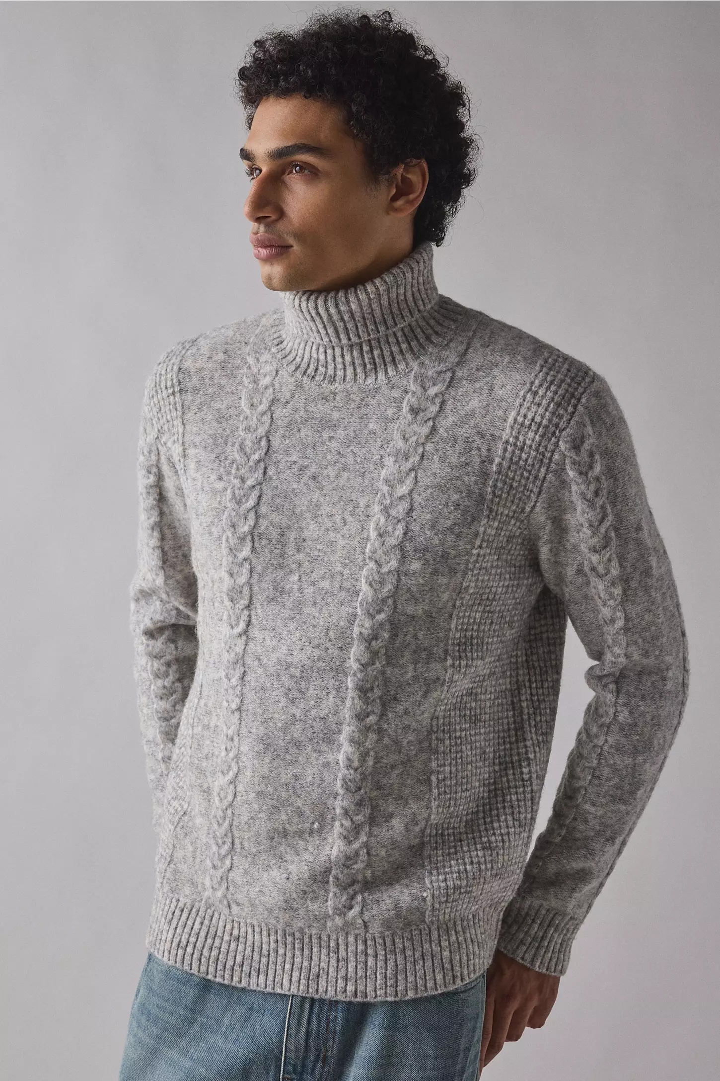 Factory Direct Men’s Grey Cable Knit Turtleneck Sweater