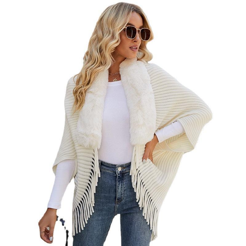 Made-to-order Women’s Faux Fur Collar Ribbed Knit Poncho Shawl