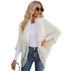 Made-to-order Women’s Faux Fur Collar Ribbed Knit Poncho Shawl