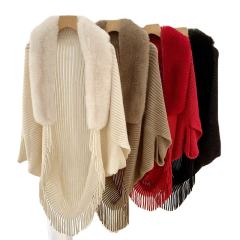 Made-to-order Women’s Faux Fur Collar Ribbed Knit Poncho Shawl