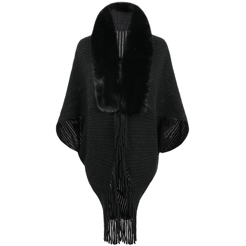Made-to-order Women’s Faux Fur Collar Ribbed Knit Poncho Shawl