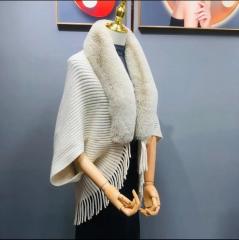 Made-to-order Women’s Faux Fur Collar Ribbed Knit Poncho Shawl