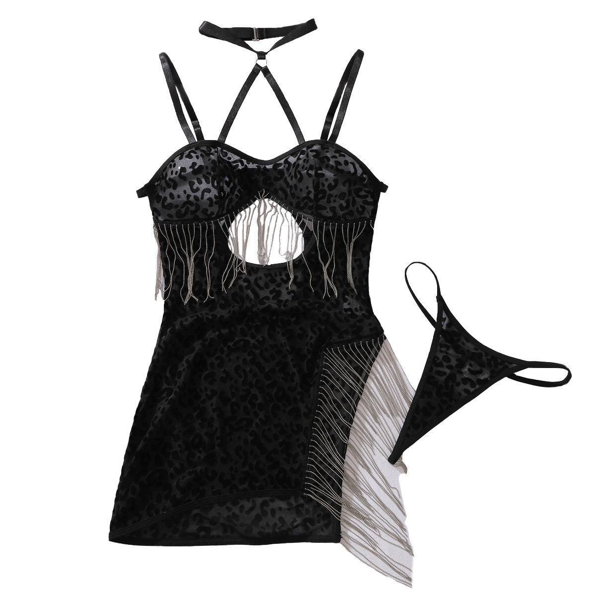 Wholesale Leopard Print Mesh Lingerie with Silver Fringes