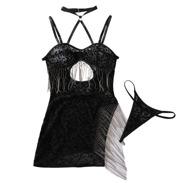 Wholesale Leopard Print Mesh Lingerie with Silver Fringes