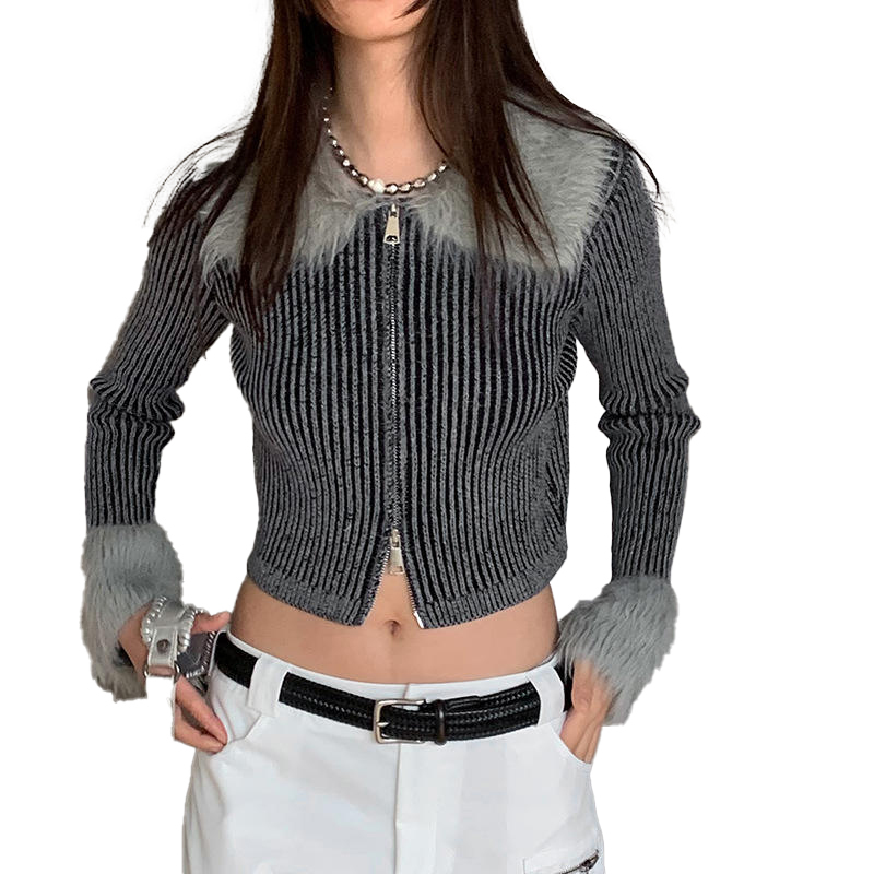 OEM ODM Striped Ribbed Knit Cardigan with Faux Fur Trim