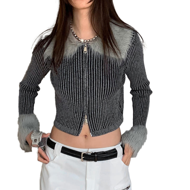 OEM ODM Striped Ribbed Knit Cardigan with Faux Fur Trim