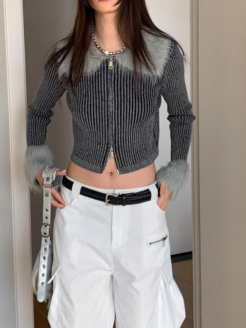 OEM ODM Striped Ribbed Knit Cardigan with Faux Fur Trim