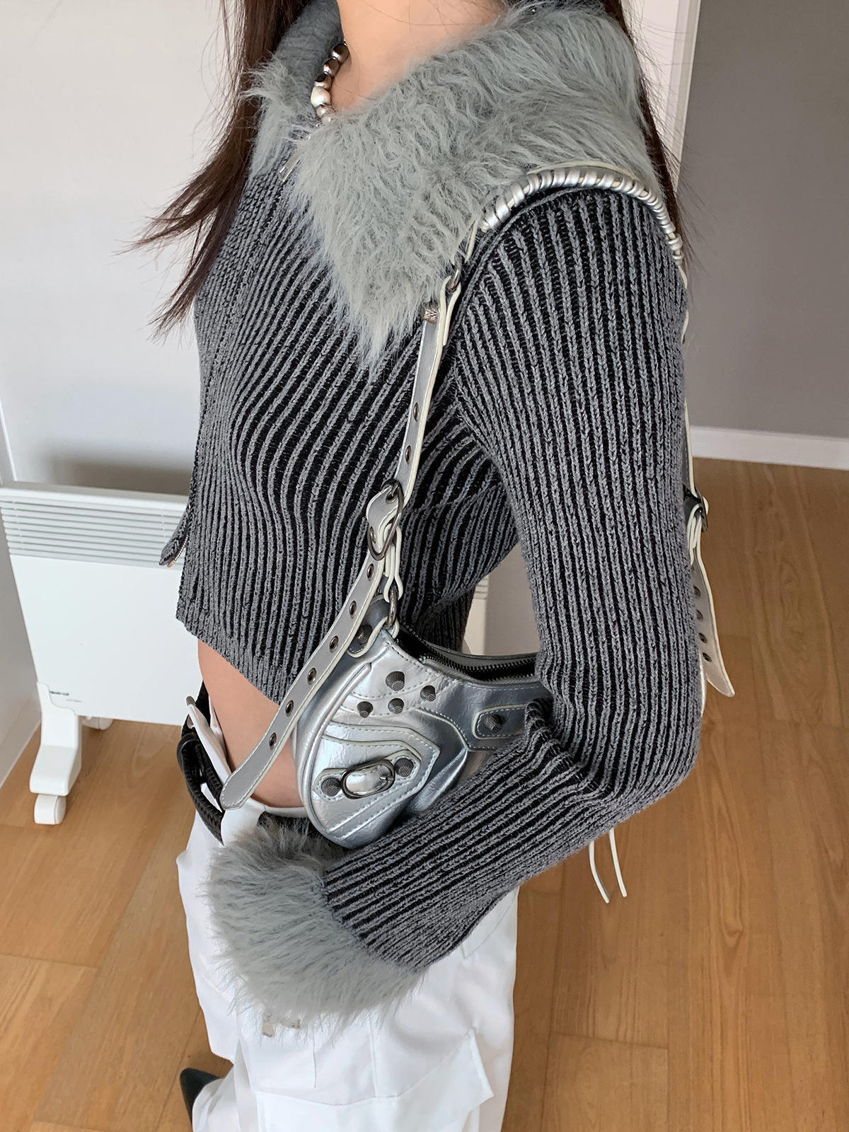 OEM ODM Striped Ribbed Knit Cardigan with Faux Fur Trim