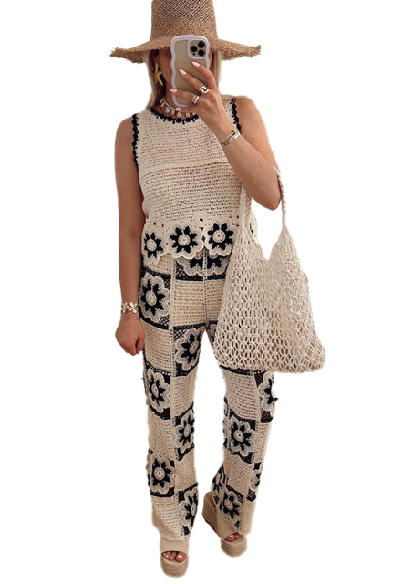 customized Crochet Floral Two-Piece Set with Wide-Leg Pants
