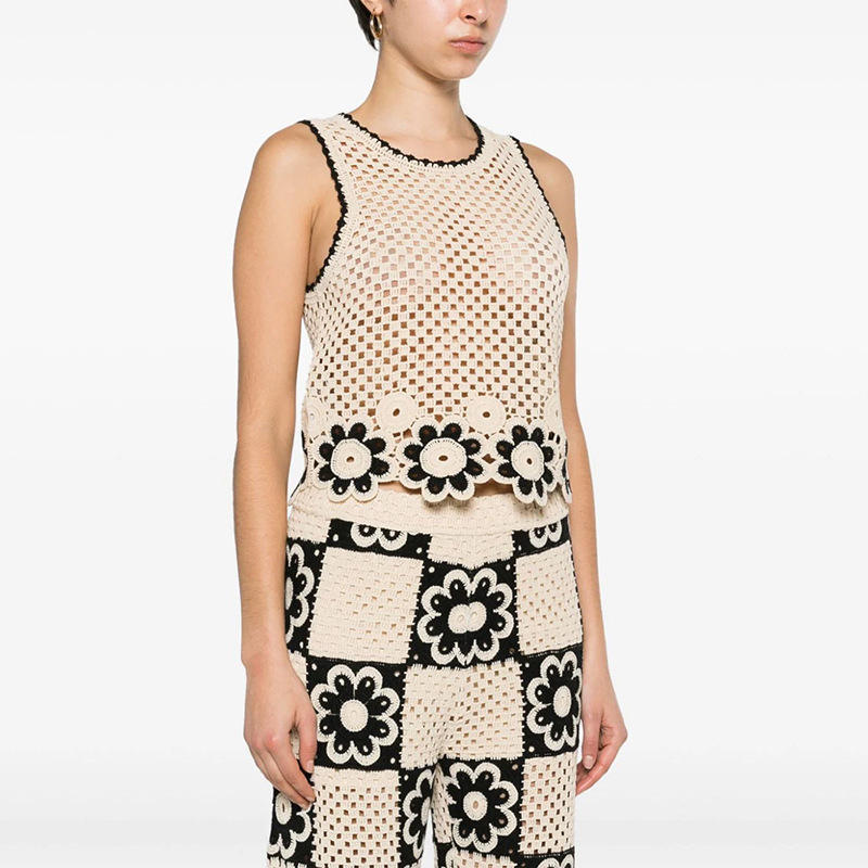customized Crochet Floral Two-Piece Set with Wide-Leg Pants